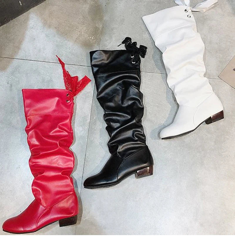 Shoes For Women 2022 Spring Knee High Boots Red Black White Tall Boots Woman Pleated Low Heel Casual Leather Female Long Shoes