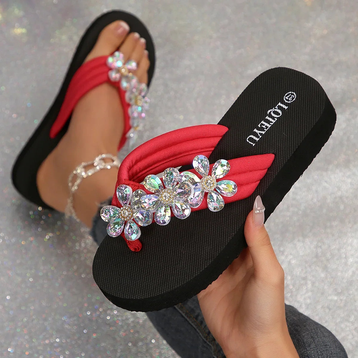Large-Size Womens Shoes Foreign Trade Platform Flip-Flops Butterfly Rhinestone Canvas Upper Summer Cross-Border Best-Seller