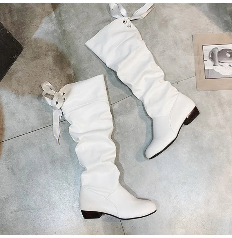 Shoes For Women 2022 Spring Knee High Boots Red Black White Tall Boots Woman Pleated Low Heel Casual Leather Female Long Shoes