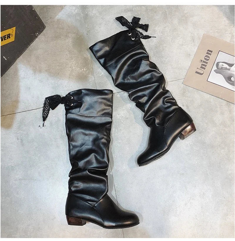 Shoes For Women 2022 Spring Knee High Boots Red Black White Tall Boots Woman Pleated Low Heel Casual Leather Female Long Shoes