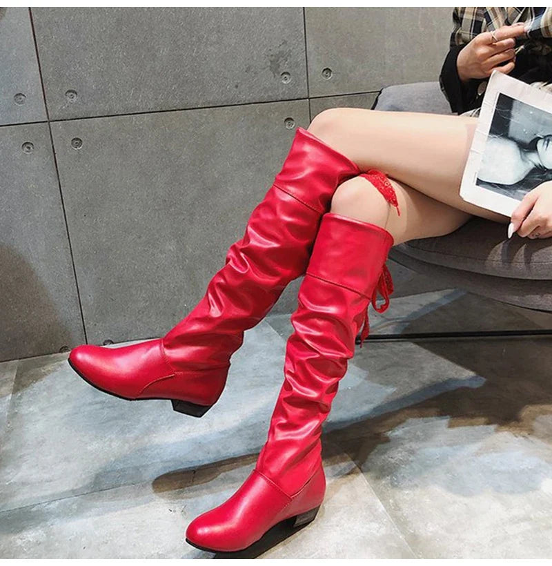 Shoes For Women 2022 Spring Knee High Boots Red Black White Tall Boots Woman Pleated Low Heel Casual Leather Female Long Shoes