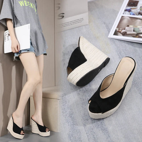 2023 Exquisite and Comfortable Suede Wedge Heel Knitted Heel Slippers Fashion New Wedge Heel Women's Shoes