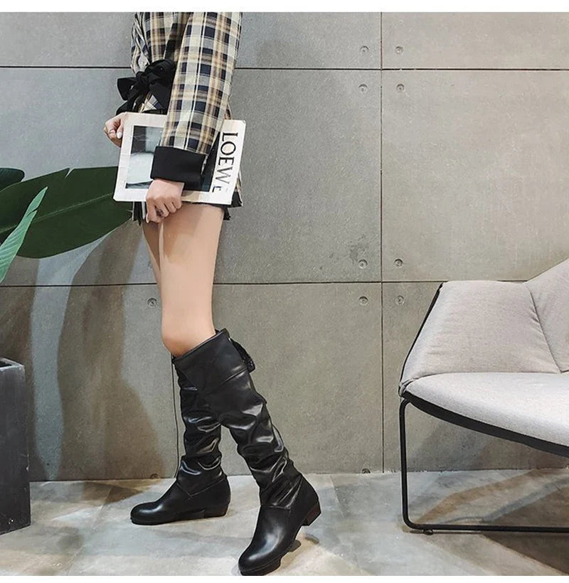 Shoes For Women 2022 Spring Knee High Boots Red Black White Tall Boots Woman Pleated Low Heel Casual Leather Female Long Shoes