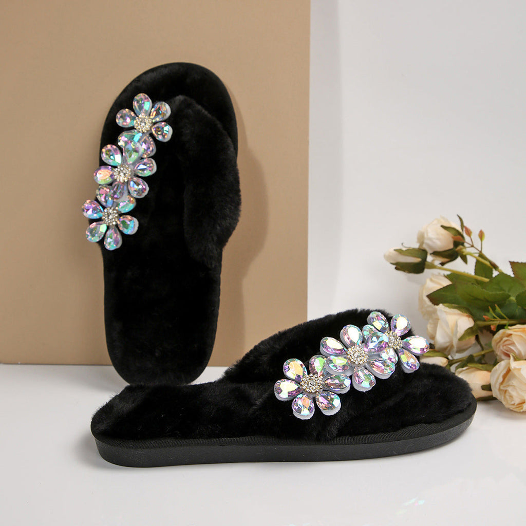 Cross-Border Foreign Trade Amazon Women's Flip-Flops with Large Flower Rhinestones, Comfortable Soft-Soled Slippers, Women's Large Size Flip-Flops
