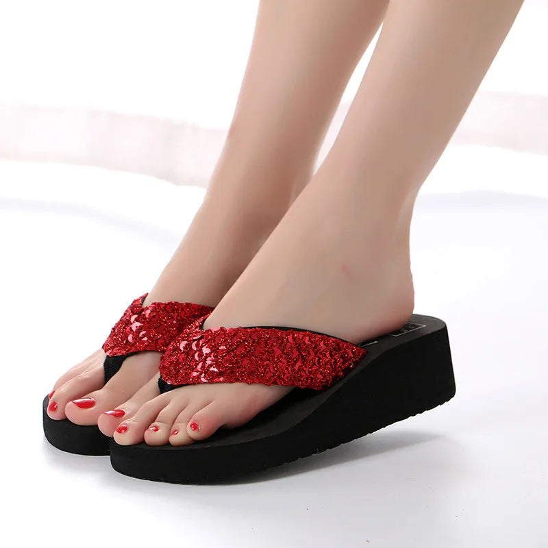 Women Summer Sandals Sequins Beach Female Flip Flops Ladies Slippers High Heels Shoes For Women 2024 Platform Wedges Slippers