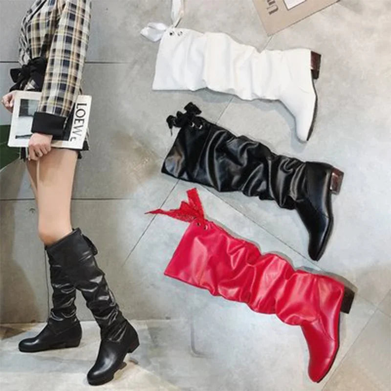 Shoes For Women 2022 Spring Knee High Boots Red Black White Tall Boots Woman Pleated Low Heel Casual Leather Female Long Shoes